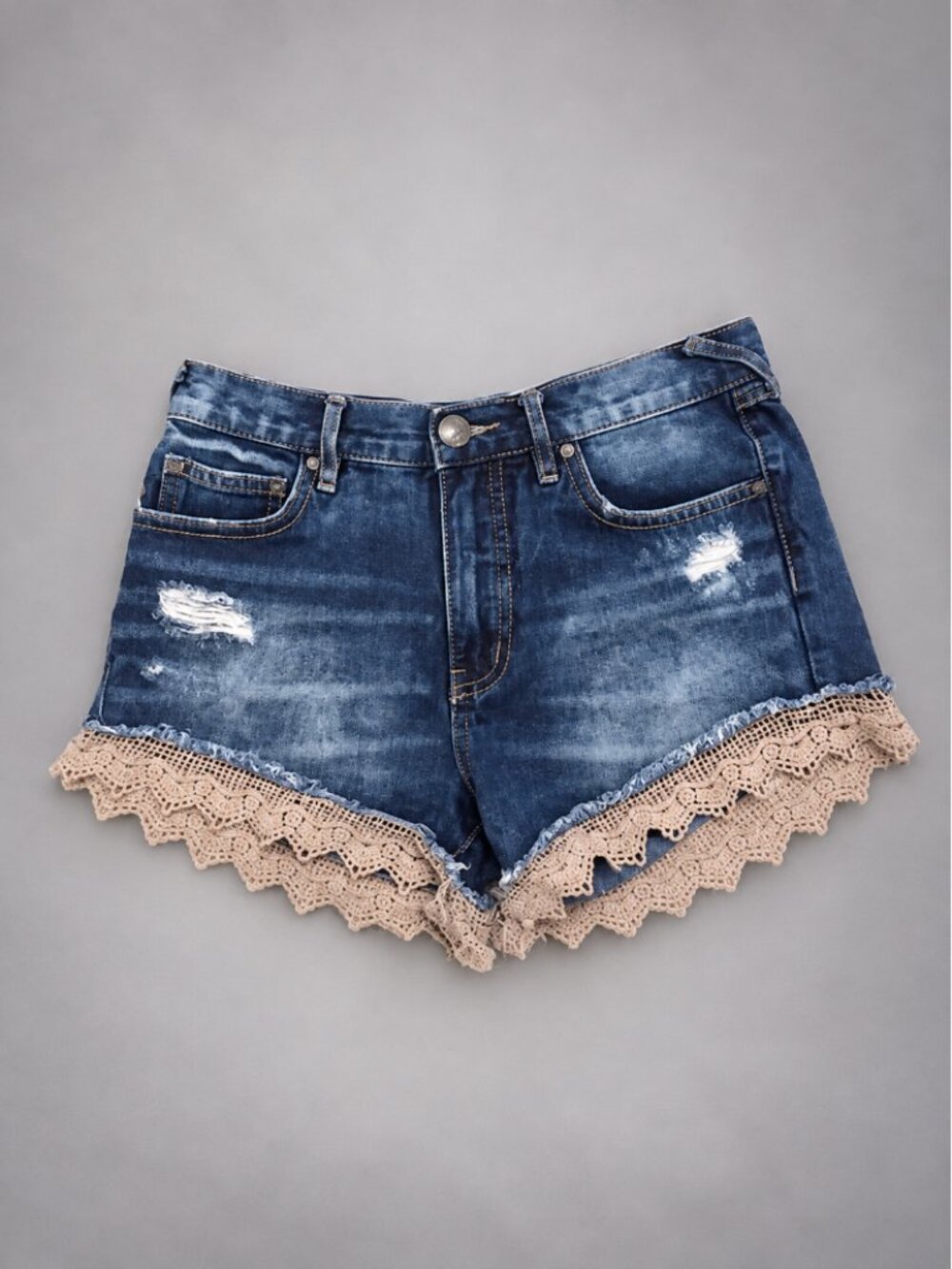 Free People Lace Trim Distressed Denim Shorts Size 25 Boho Festival